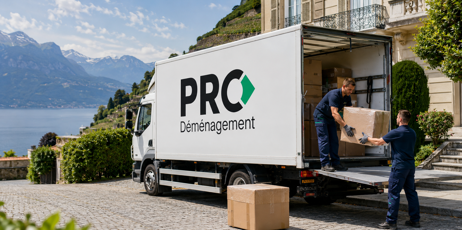 Camion avec logo et équipe professionnelle PRO DÉMÉNAGEMENT – Déménagement Morges et environs – Équipe professionnelle