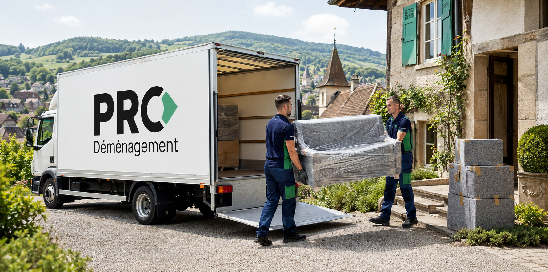 Camion avec logo et équipe professionnelle PRO DÉMÉNAGEMENT – Déménagement Échallens – Déménageur professionnel